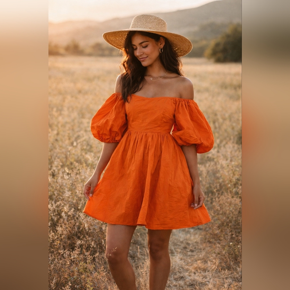 Hyfve Orange Dress Size S Small Open Back Puff Sleeves Fluffy Stretch Ruffle